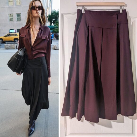 NEW Zara | High-waist Pleated Midi Skirt In Burgundy - Picture 1 of 11